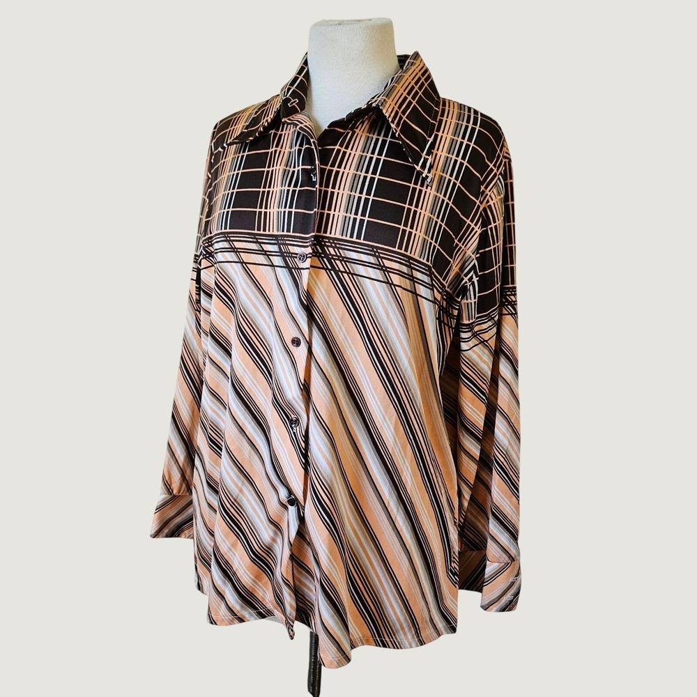 Vintage 70s Brown Peach Gray Stripe Plaid Polyester Disco Dagger Collar Shirt L